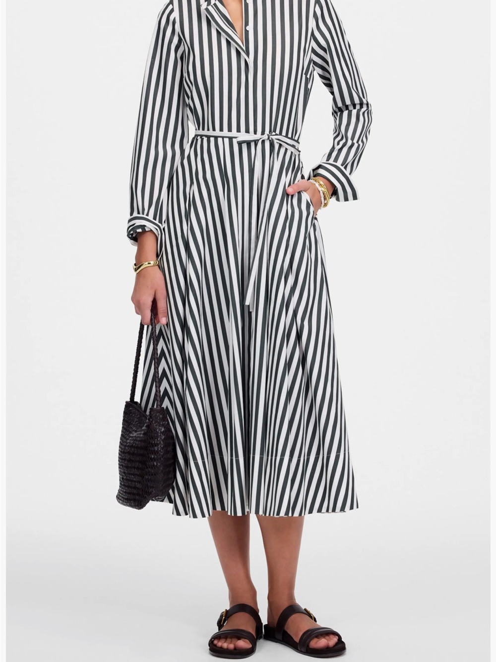 Madewell Gray and White Vertical-Stripe Tie-Waist Midi Dress with pockets.